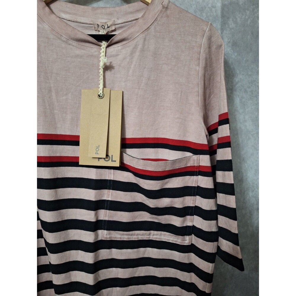 New POL T-shirt Women Small Oversized Striped Short Sleeve Pocket Cotton Casual - Picture 10 of 10
